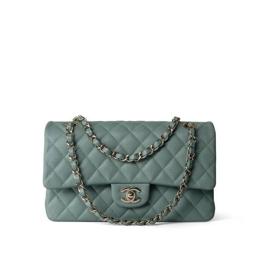 22C Dark Green Caviar Quilted Classic Flap Light Gold Hardware