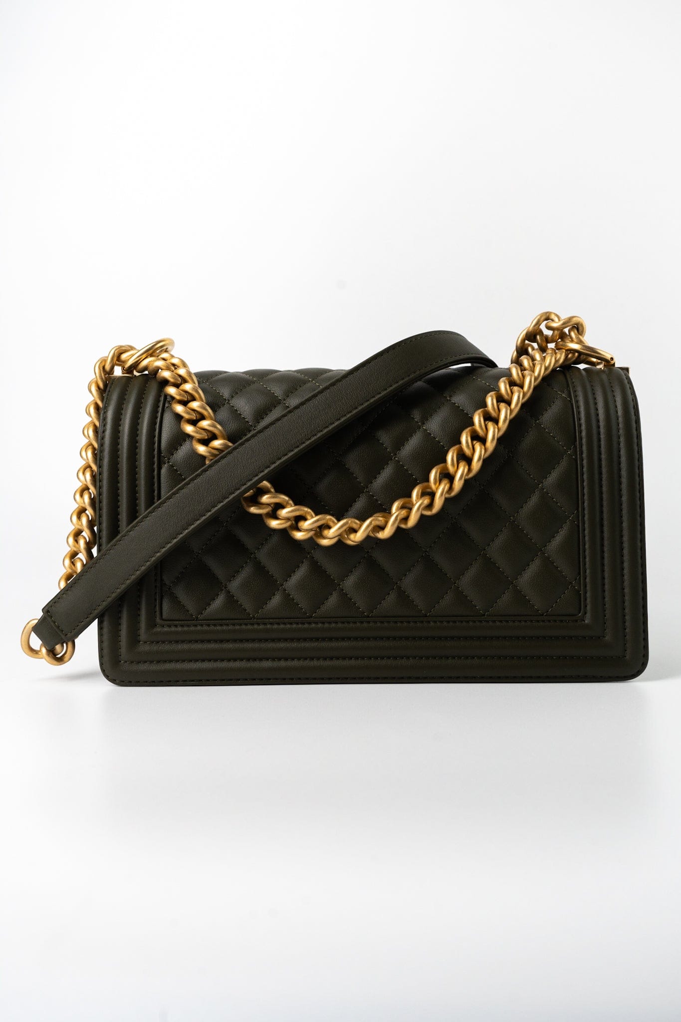 Khaki Green Lambskin Quilted Medium Boy Bag Aged Gold Hardware