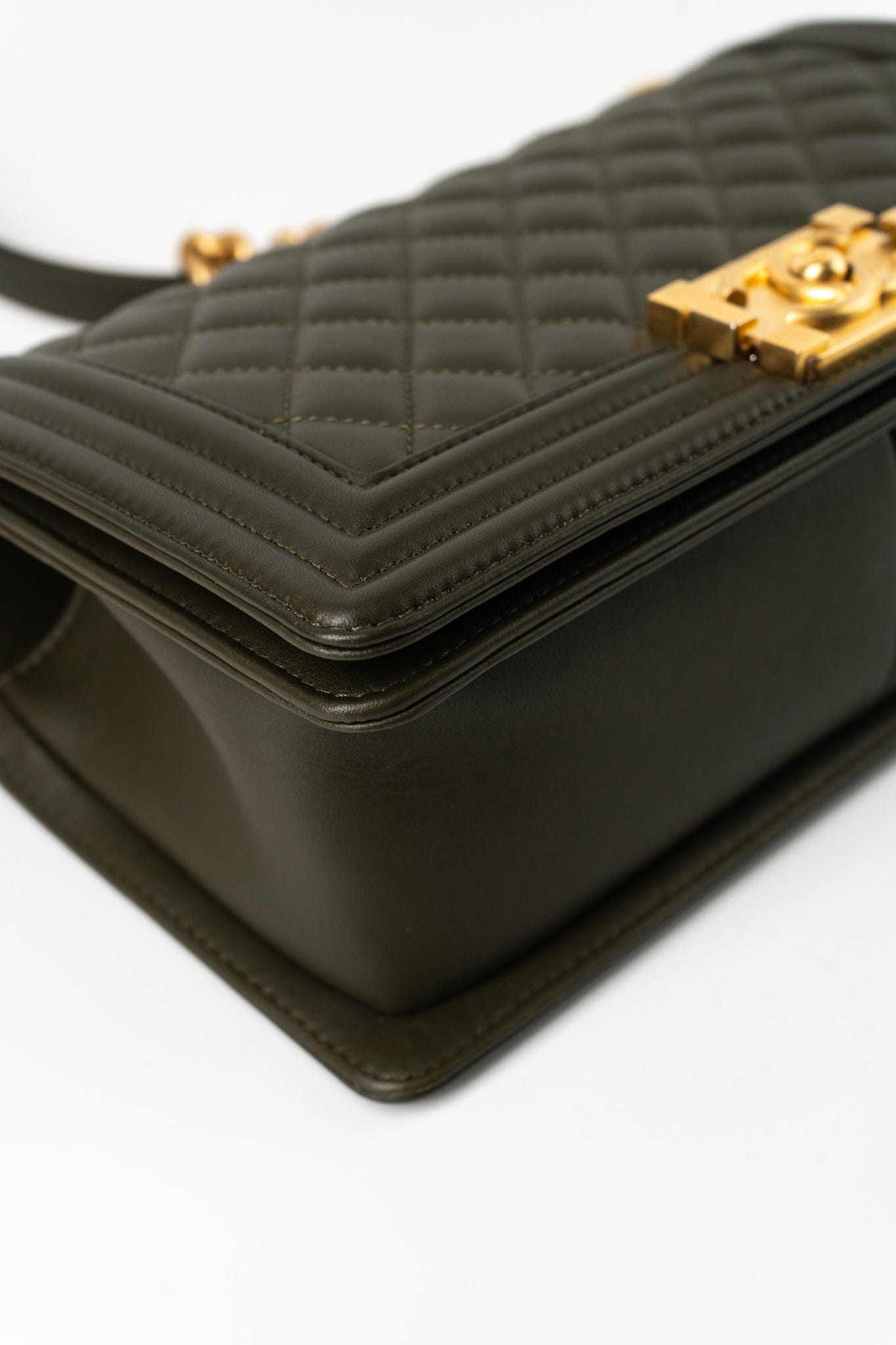 Khaki Green Lambskin Quilted Medium Boy Bag Aged Gold Hardware