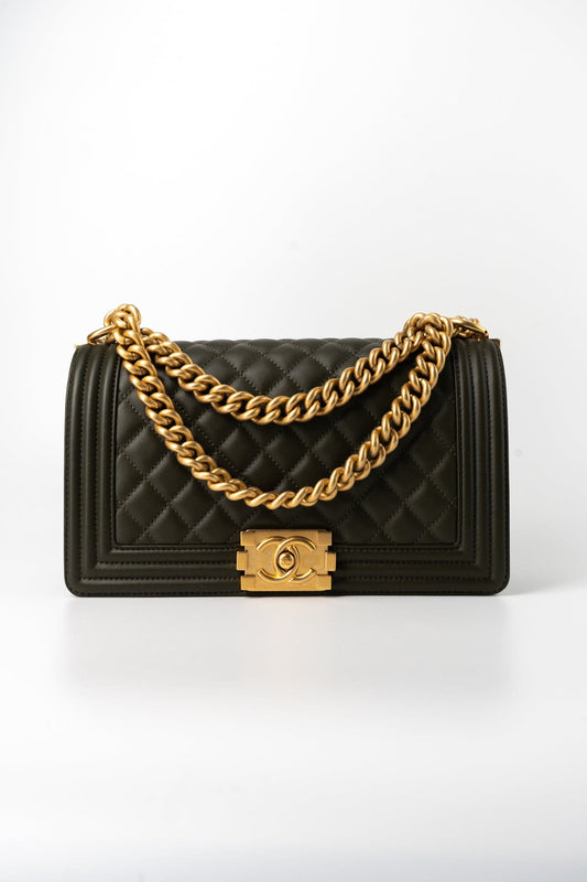 Khaki Green Lambskin Quilted Medium Boy Bag Aged Gold Hardware
