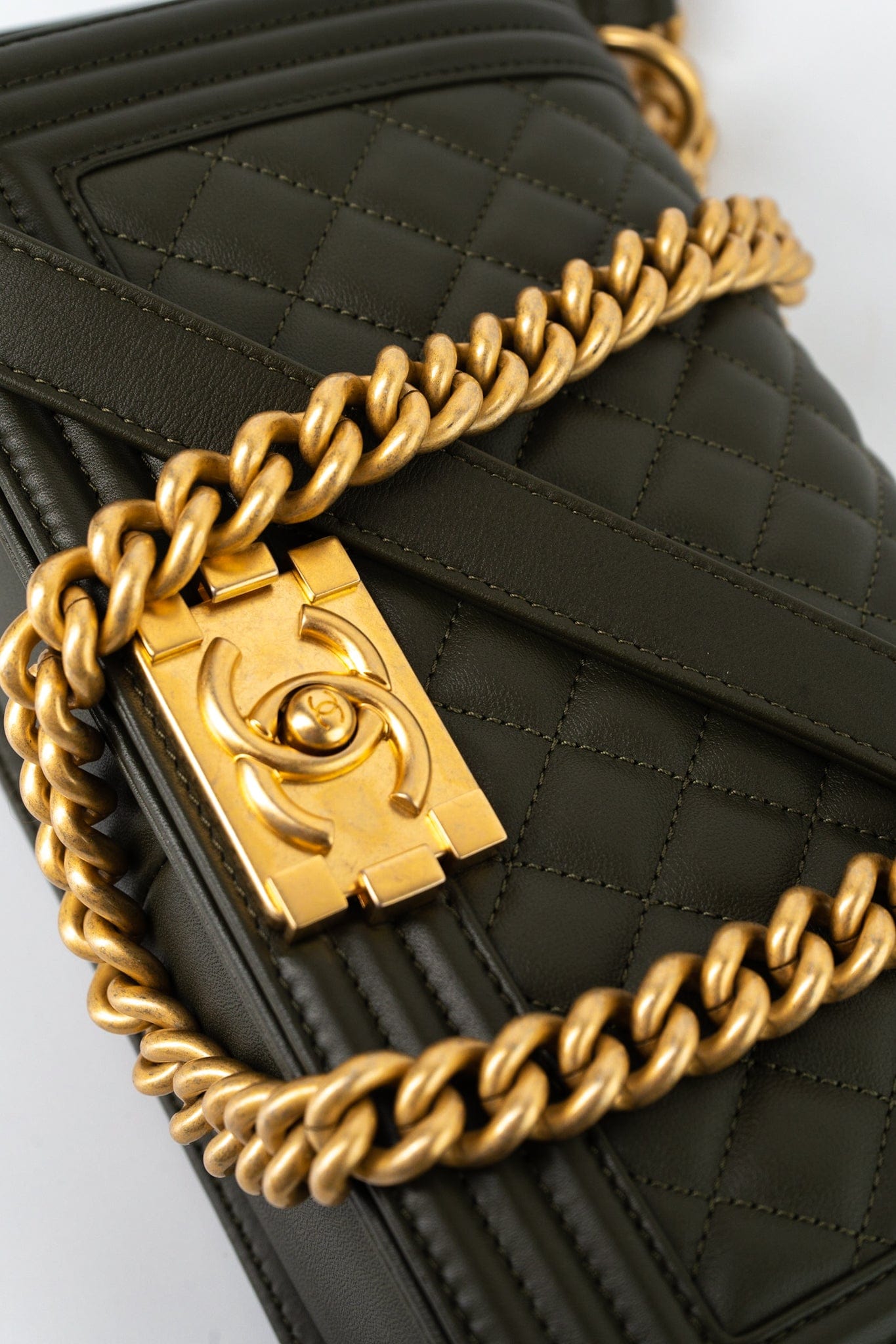 Khaki Green Lambskin Quilted Medium Boy Bag Aged Gold Hardware