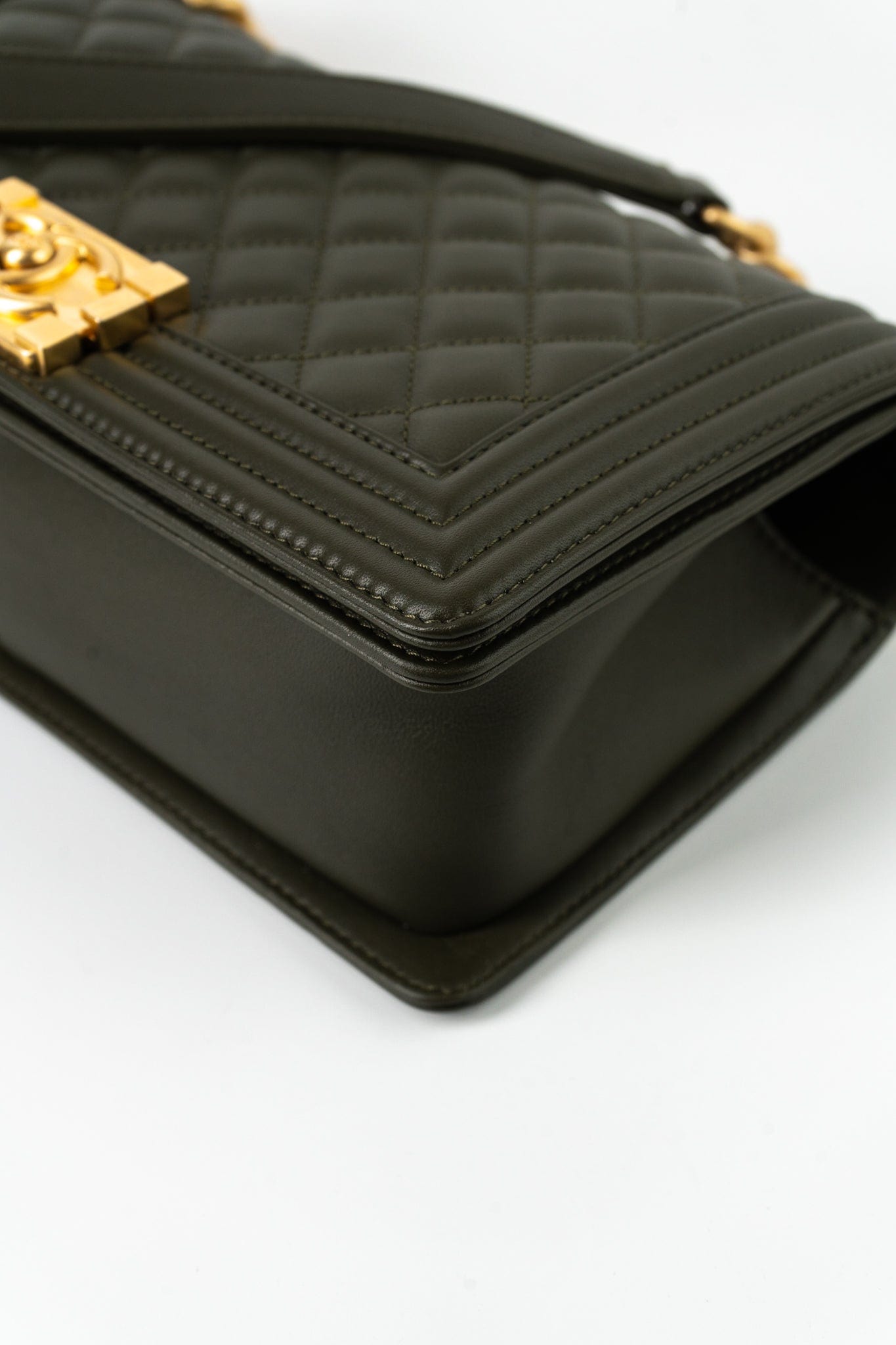 Khaki Green Lambskin Quilted Medium Boy Bag Aged Gold Hardware