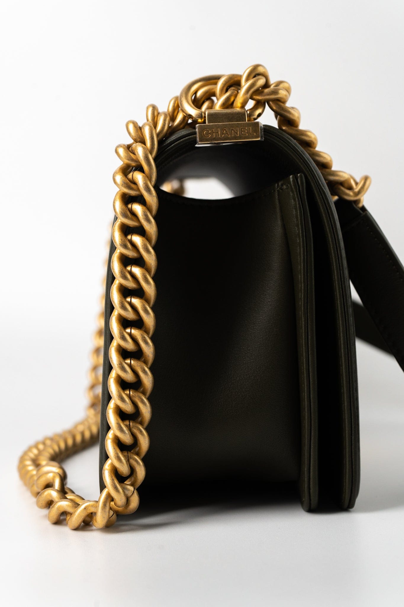 Khaki Green Lambskin Quilted Medium Boy Bag Aged Gold Hardware