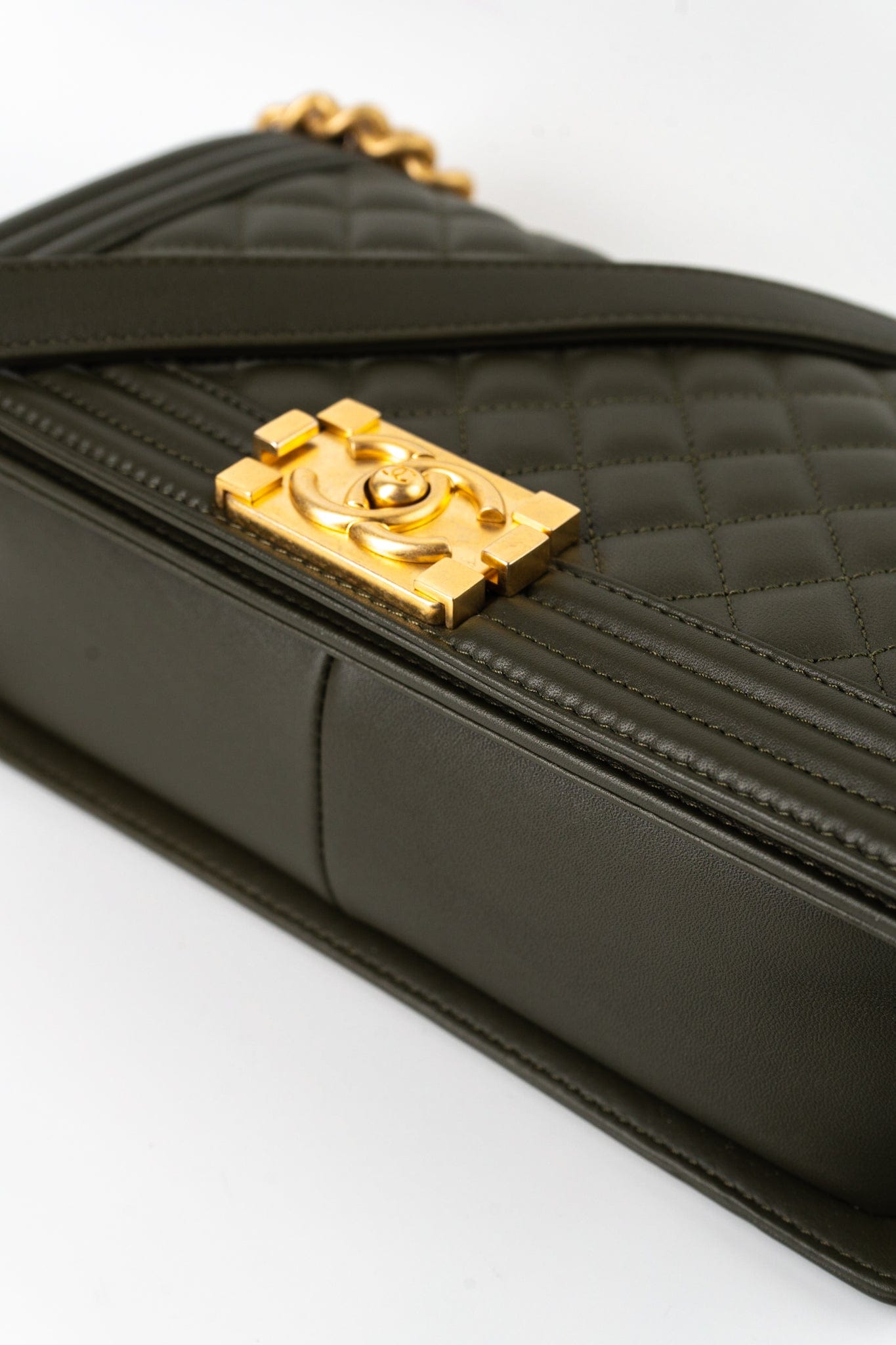 Khaki Green Lambskin Quilted Medium Boy Bag Aged Gold Hardware