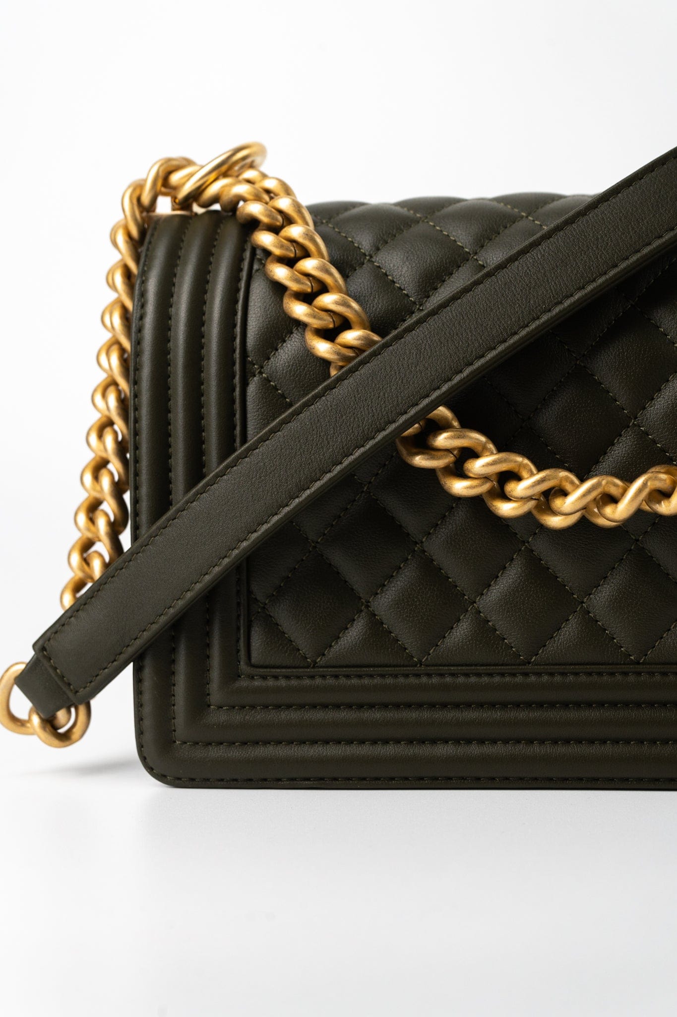 Khaki Green Lambskin Quilted Medium Boy Bag Aged Gold Hardware