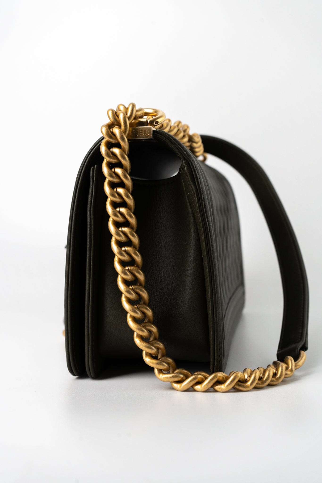 Khaki Green Lambskin Quilted Medium Boy Bag Aged Gold Hardware