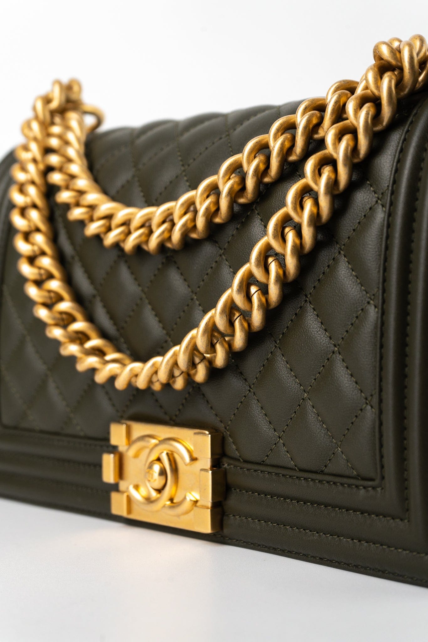 Khaki Green Lambskin Quilted Medium Boy Bag Aged Gold Hardware