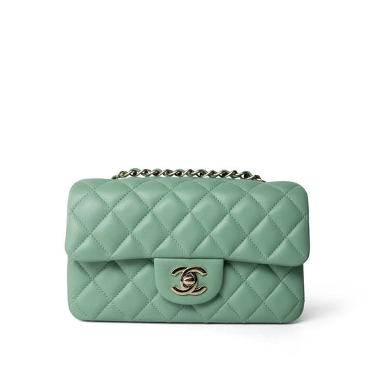 Light Green Lambskin Quilted Mini Rectangular Flap