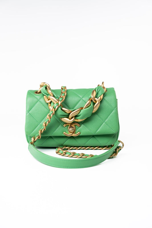 Mini Green Lambskin Quilted Entwined Single Flap Antique Gold Hardware