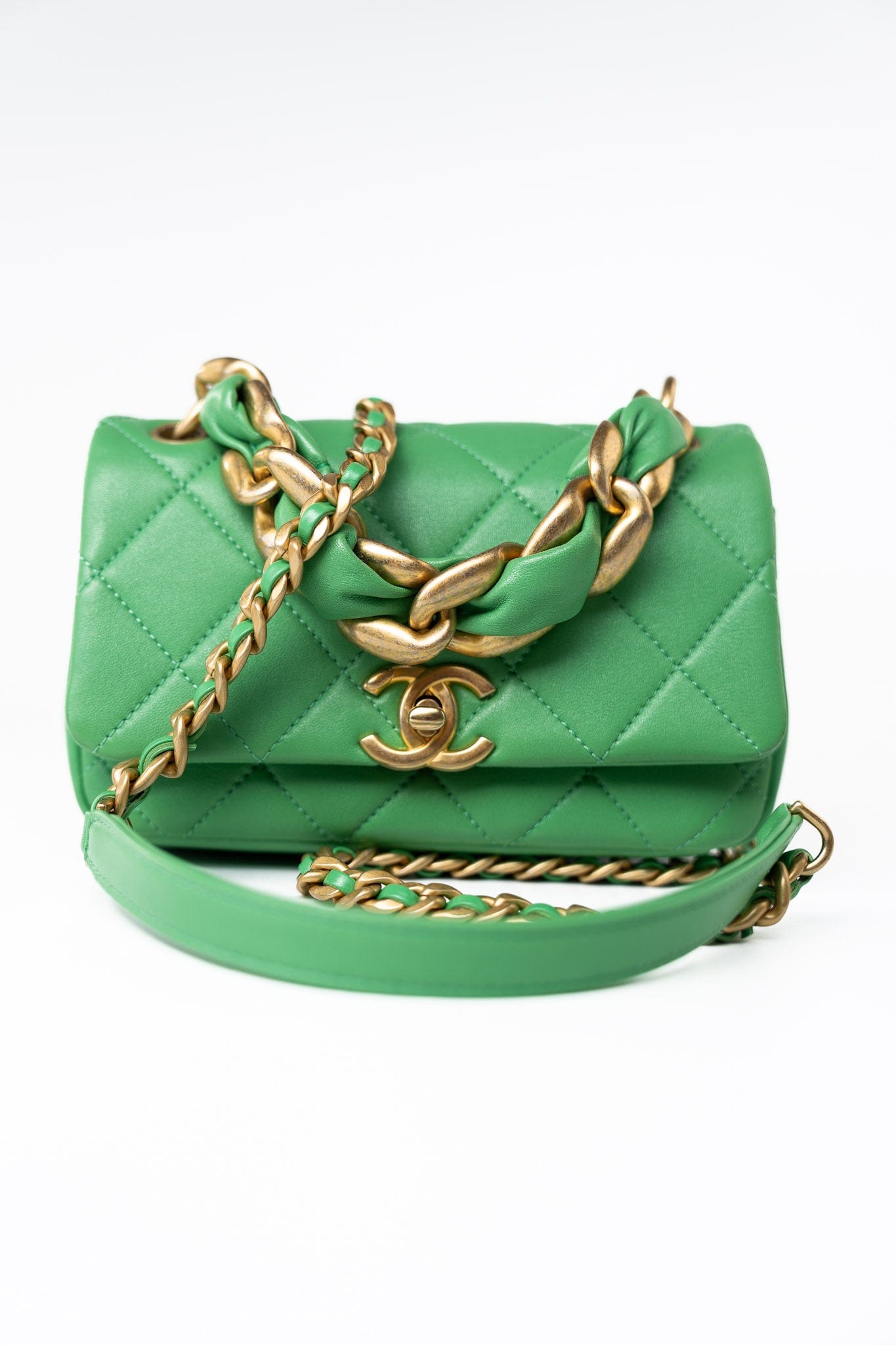 Mini Green Lambskin Quilted Entwined Single Flap Antique Gold Hardware