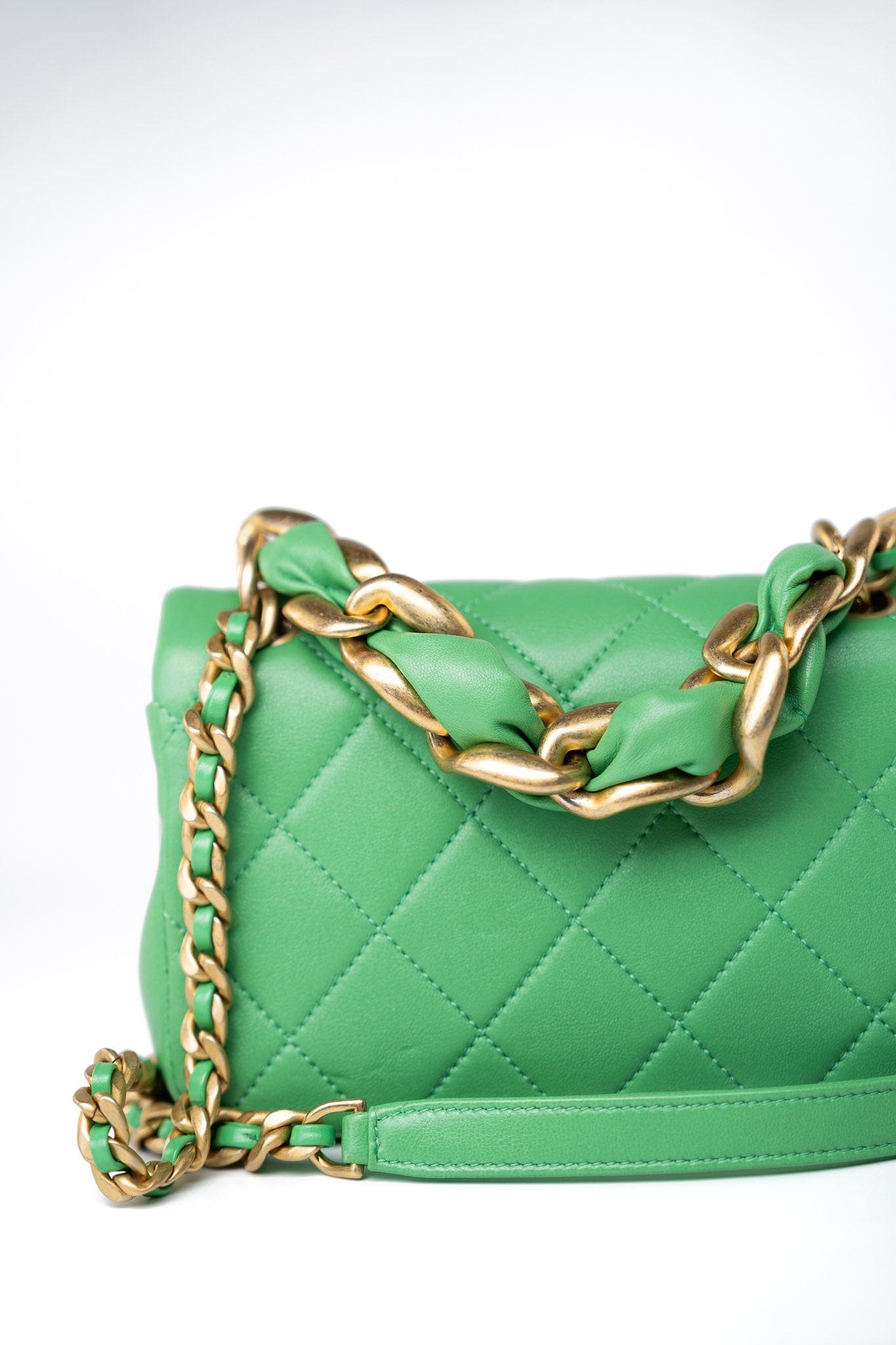 Mini Green Lambskin Quilted Entwined Single Flap Antique Gold Hardware