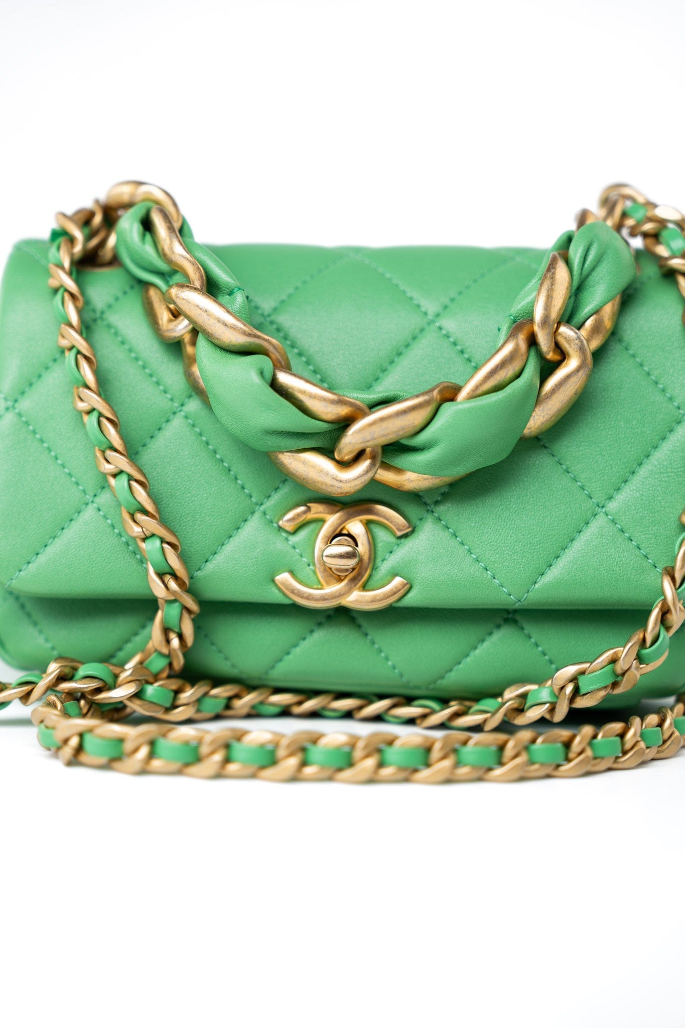 Mini Green Lambskin Quilted Entwined Single Flap Antique Gold Hardware