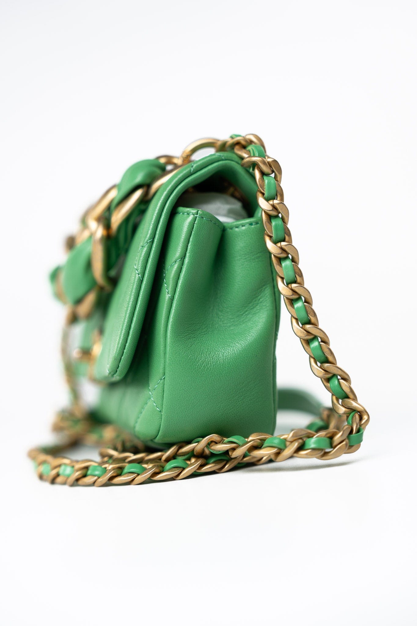 Mini Green Lambskin Quilted Entwined Single Flap Antique Gold Hardware