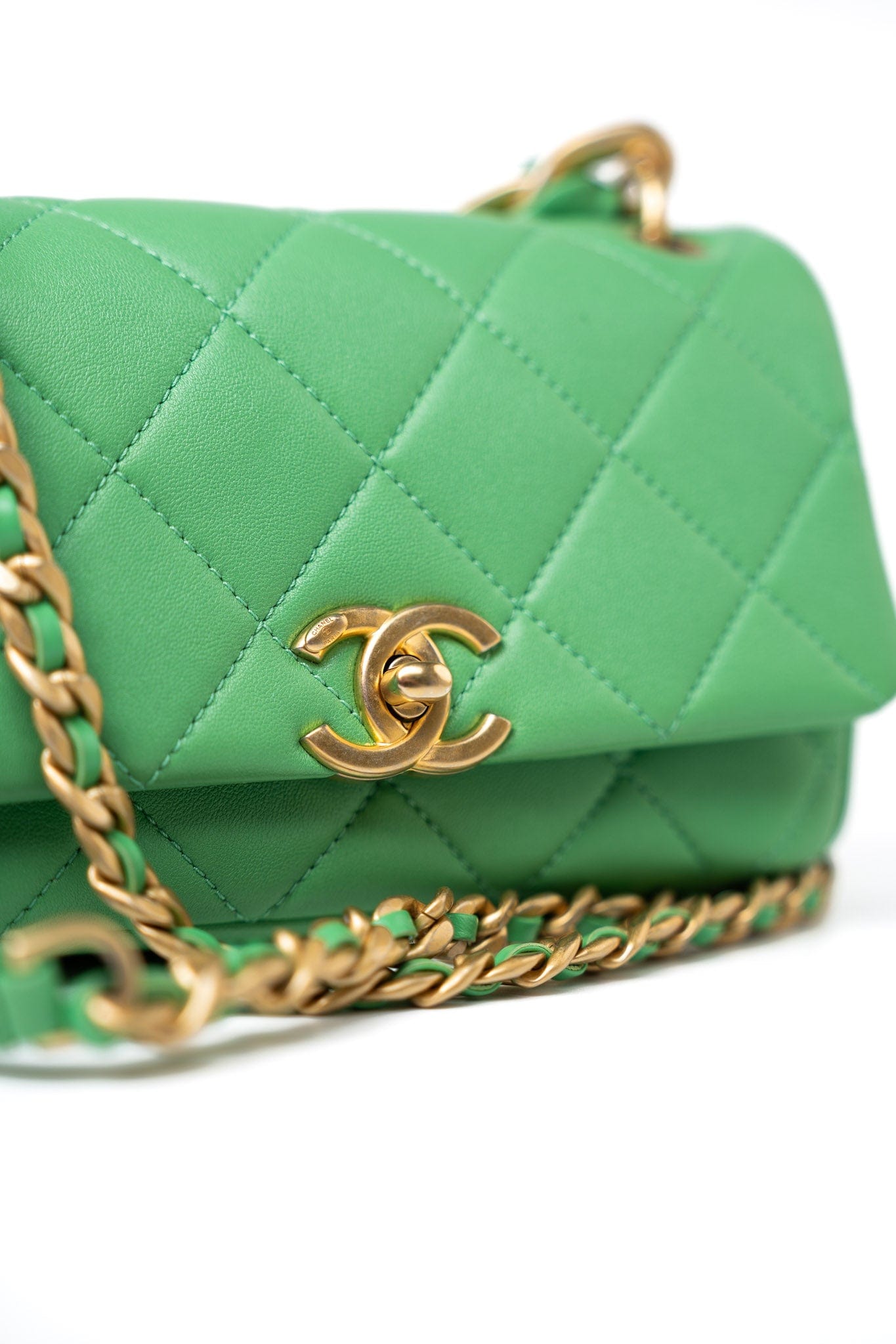 Mini Green Lambskin Quilted Entwined Single Flap Antique Gold Hardware