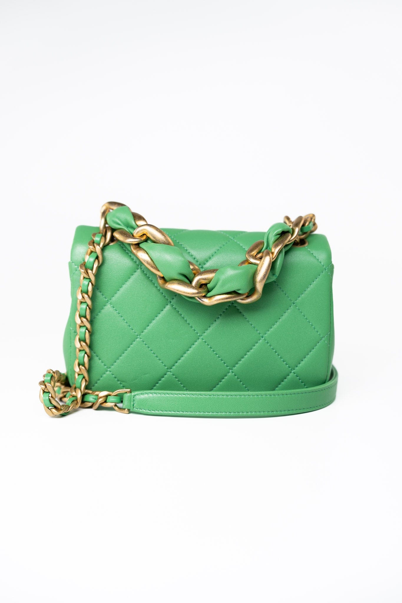 Mini Green Lambskin Quilted Entwined Single Flap Antique Gold Hardware