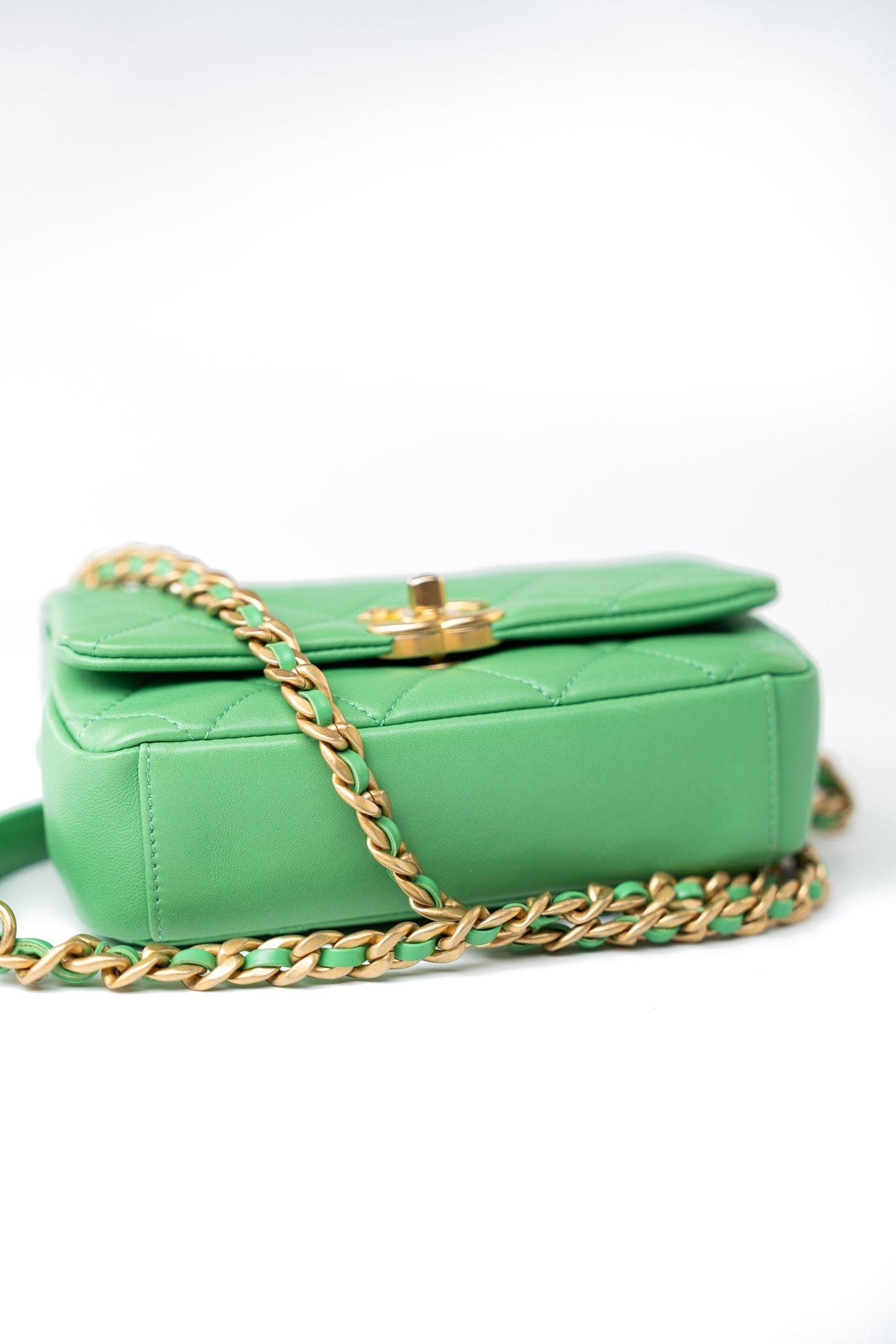 Mini Green Lambskin Quilted Entwined Single Flap Antique Gold Hardware