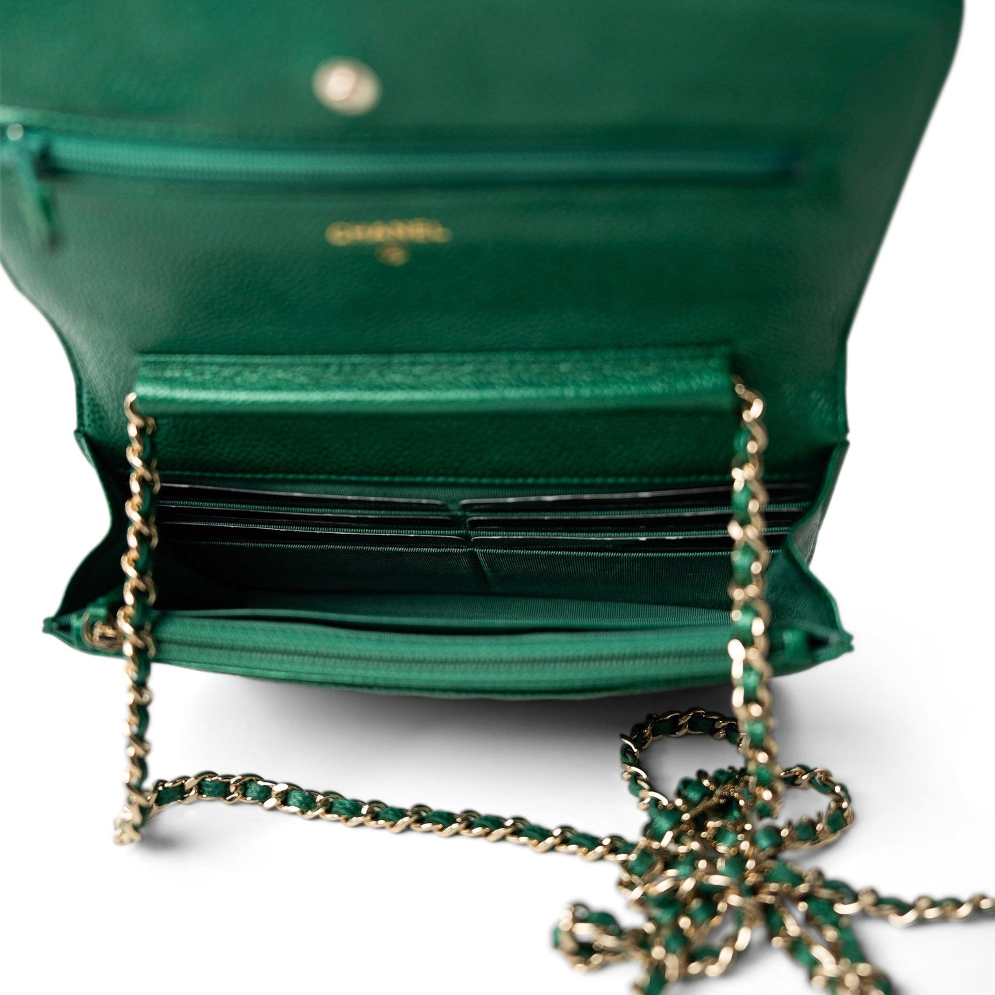 18S Emerald Green Caviar Quilted Wallet on Chain WOC