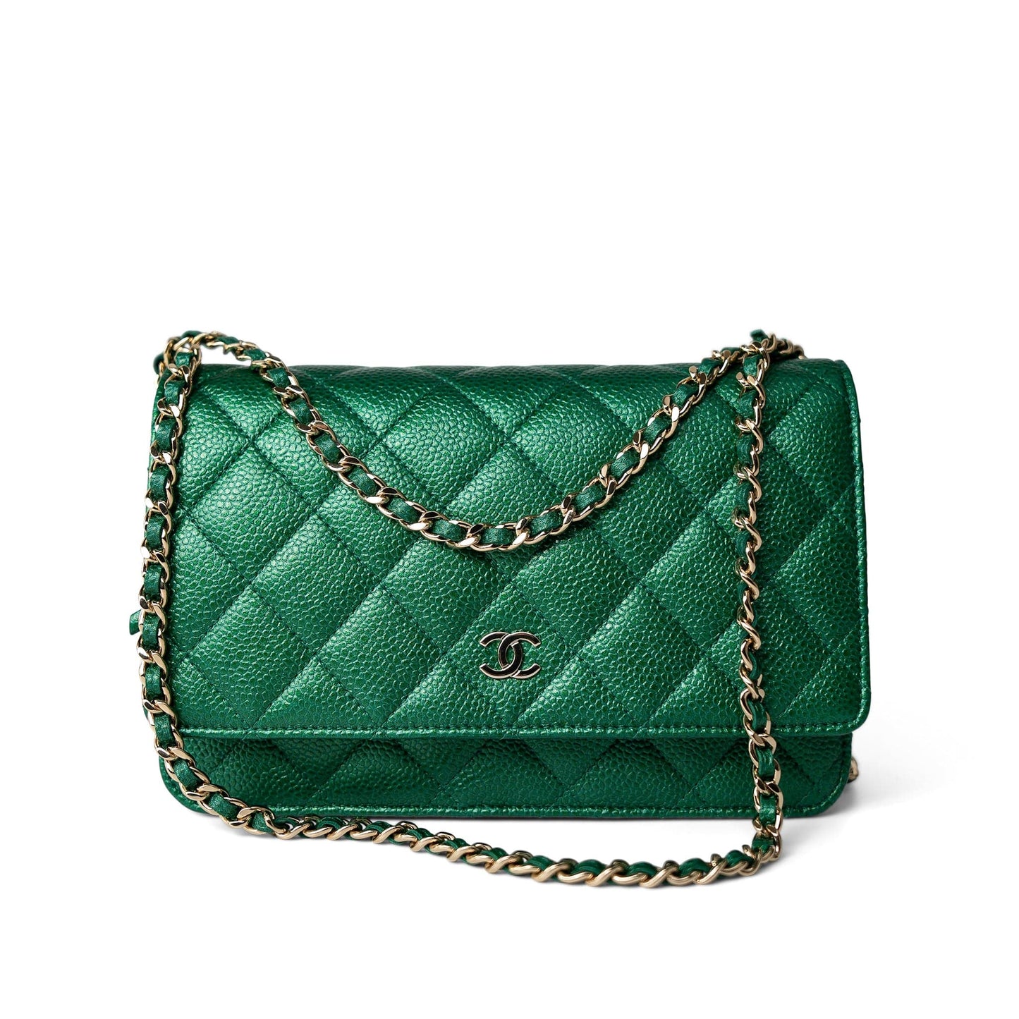 18S Emerald Green Caviar Quilted Wallet on Chain WOC