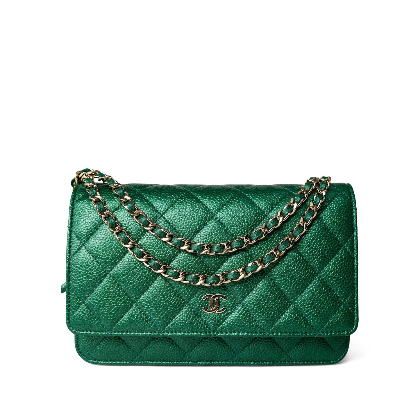 18S Emerald Green Caviar Quilted Wallet on Chain WOC