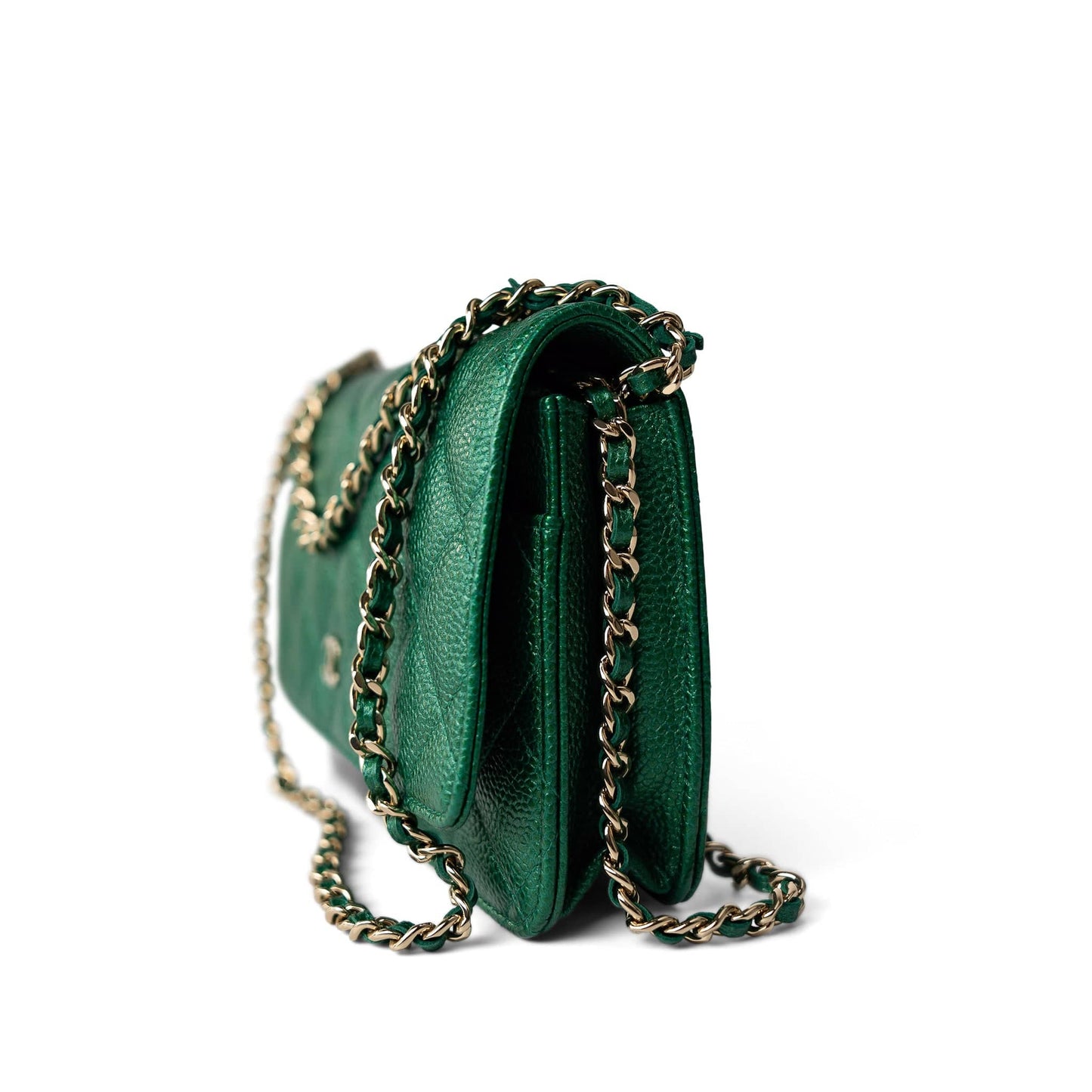 18S Emerald Green Caviar Quilted Wallet on Chain WOC