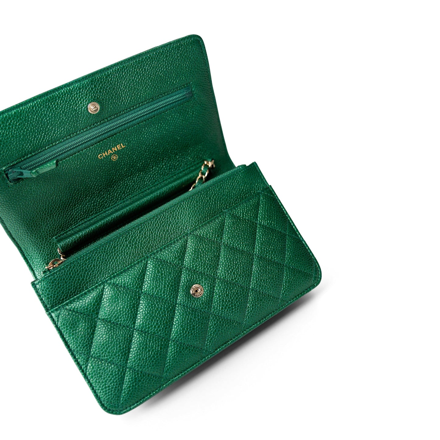 18S Emerald Green Caviar Quilted Wallet on Chain WOC