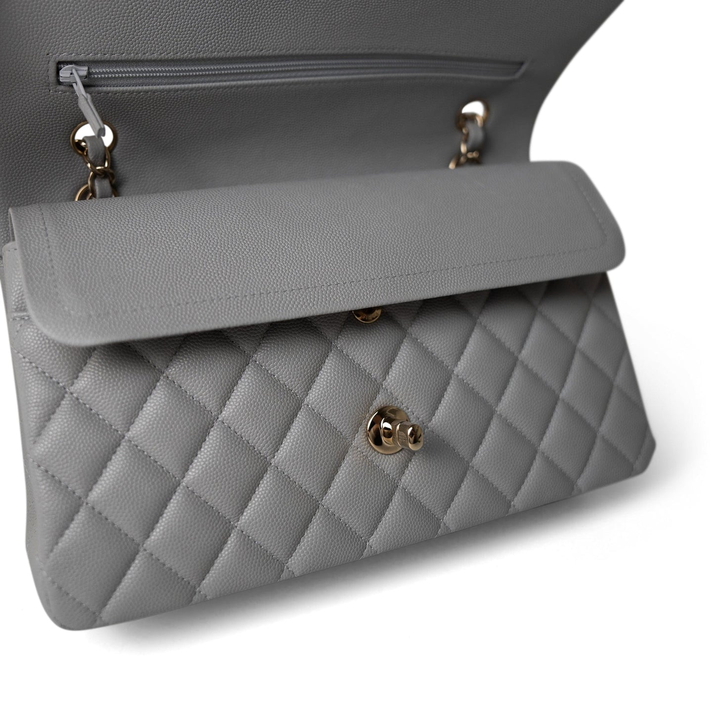 21A Grey Caviar Quilted Medium Classic Flap Light Gold Hardware