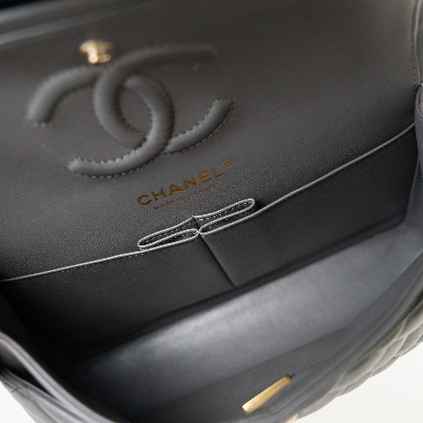 22A Grey Lambskin Quilted Small Classic Flap Light Gold Hardware