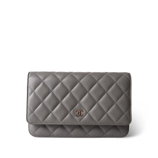 22B Grey Caviar Quilted Wallet on Chain Light Gold Hardware