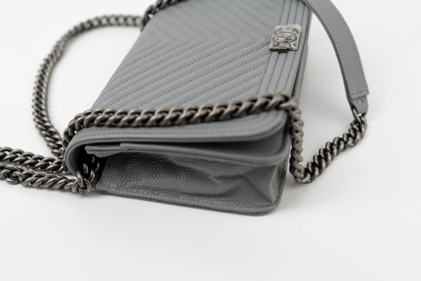 Chanel Grey Caviar Chevron Boy Wallet on Chain Ruthenium Hardware (WOC)