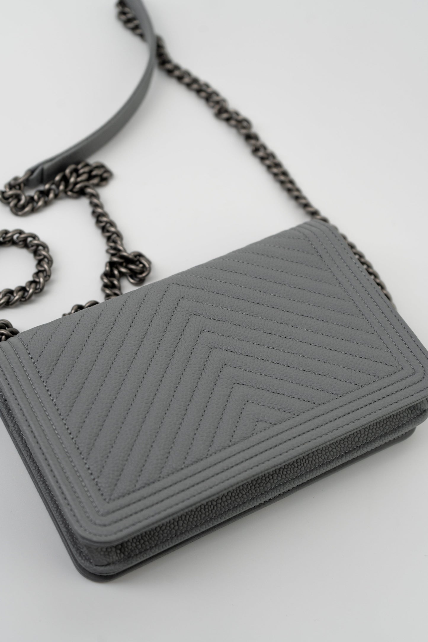 Chanel Grey Caviar Chevron Boy Wallet on Chain Ruthenium Hardware (WOC)