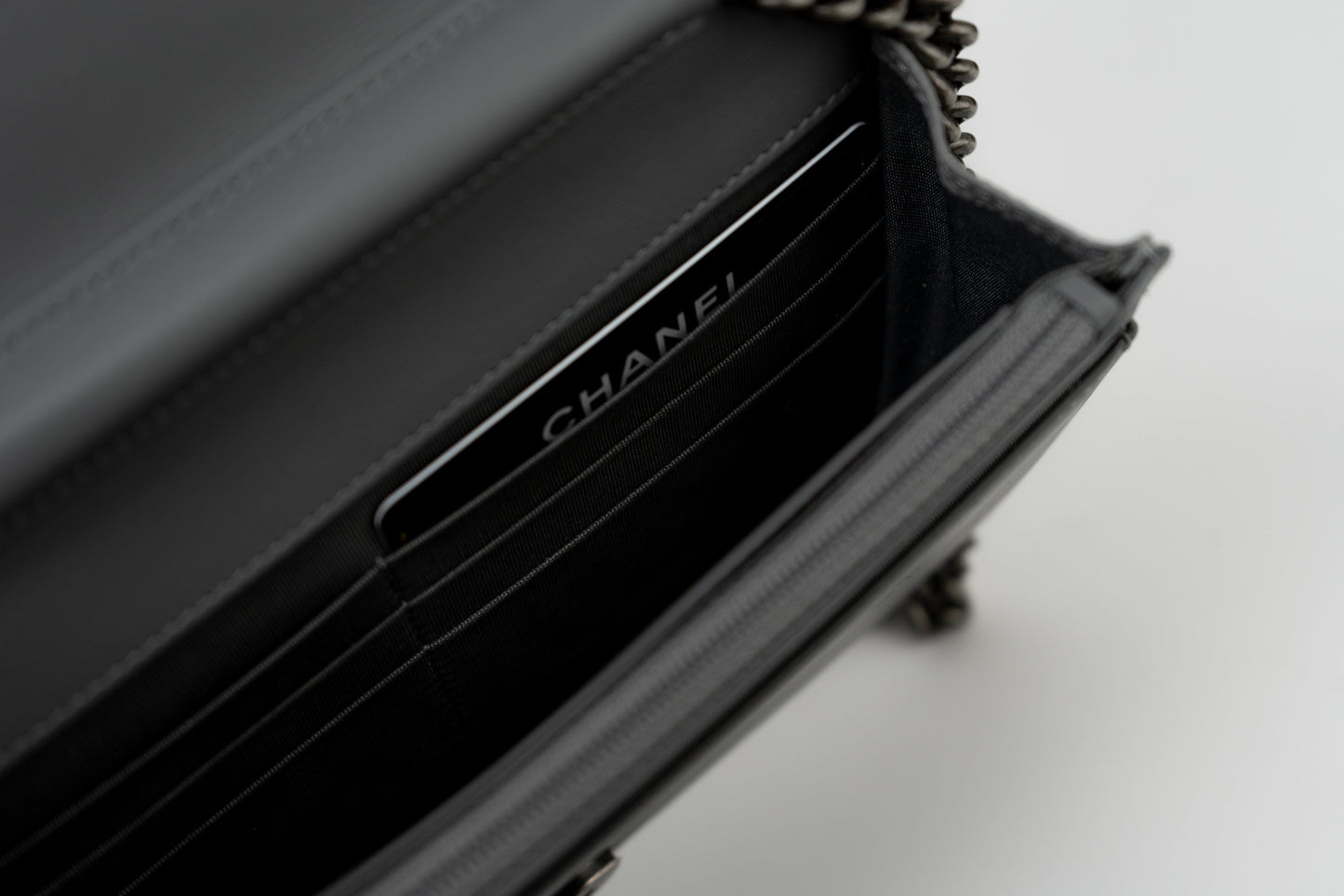 Chanel Grey Caviar Chevron Boy Wallet on Chain Ruthenium Hardware (WOC)