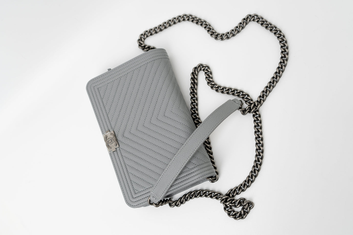 Chanel Grey Caviar Chevron Boy Wallet on Chain Ruthenium Hardware (WOC)