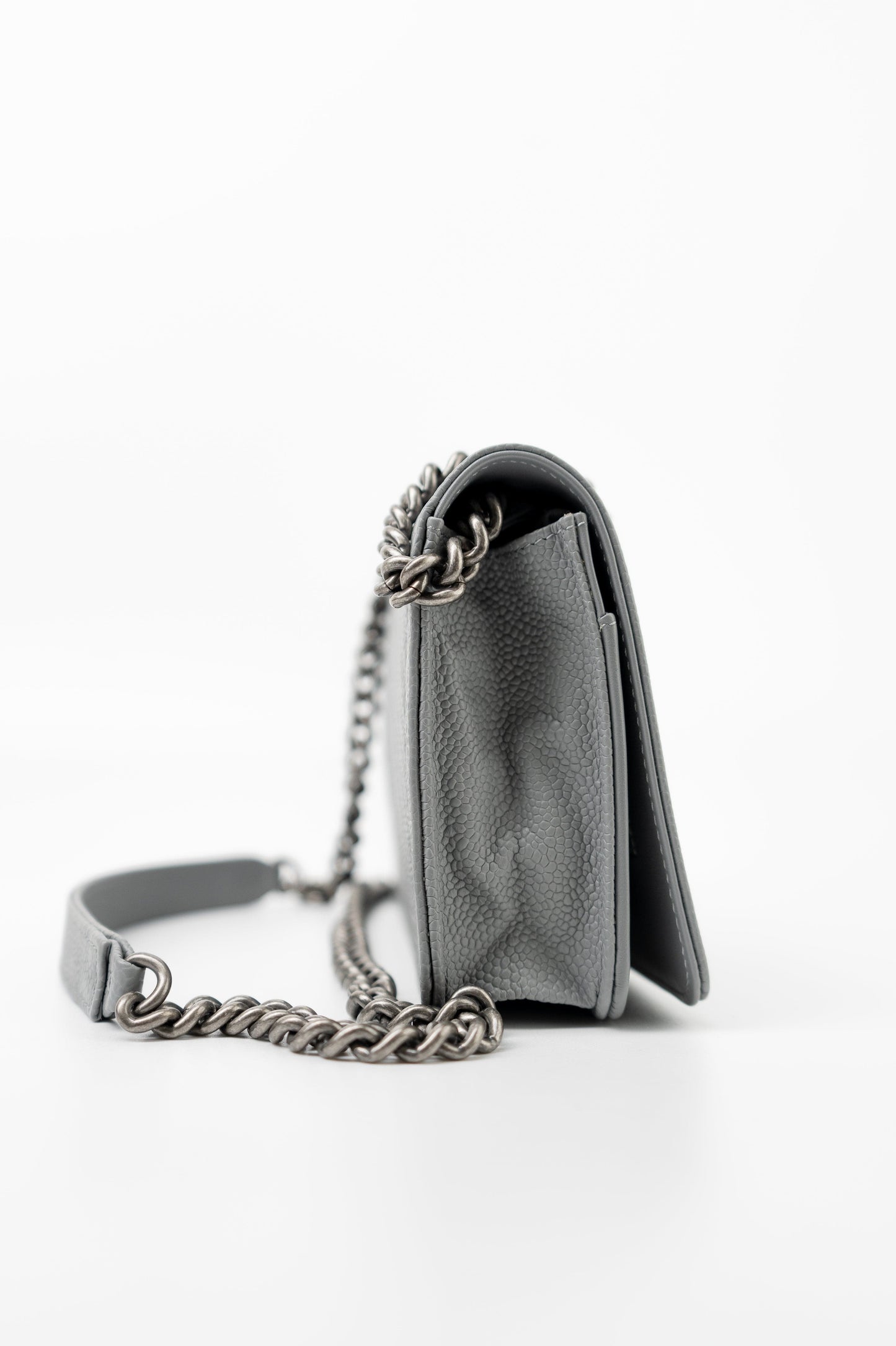 Chanel Grey Caviar Chevron Boy Wallet on Chain Ruthenium Hardware (WOC)