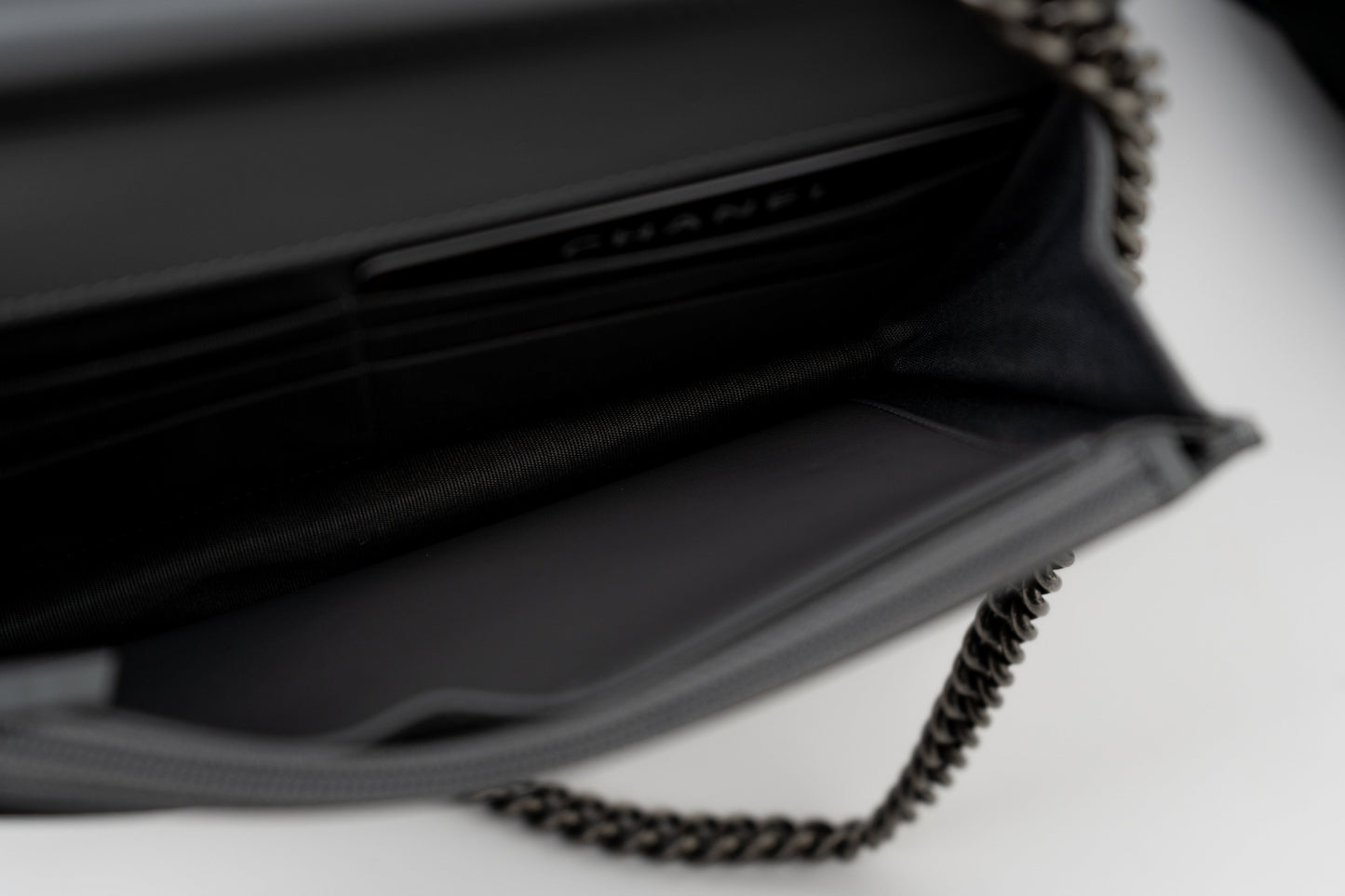 Chanel Grey Caviar Chevron Boy Wallet on Chain Ruthenium Hardware (WOC)