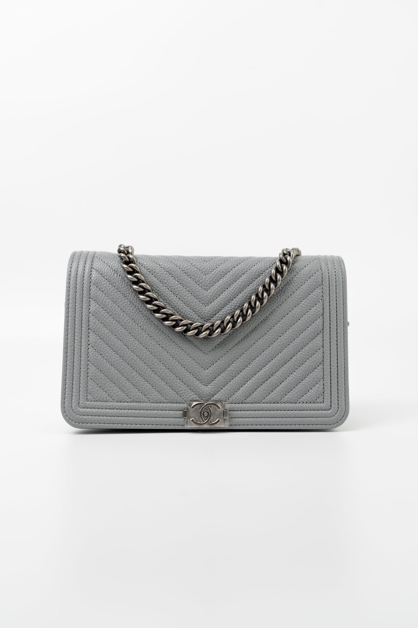 Chanel Grey Caviar Chevron Boy Wallet on Chain Ruthenium Hardware (WOC)