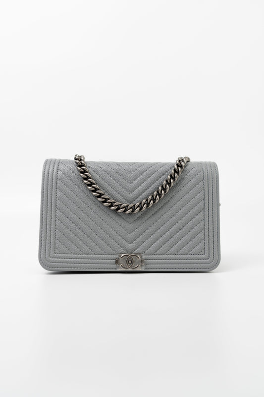 Chanel Grey Caviar Chevron Boy Wallet on Chain Ruthenium Hardware (WOC)