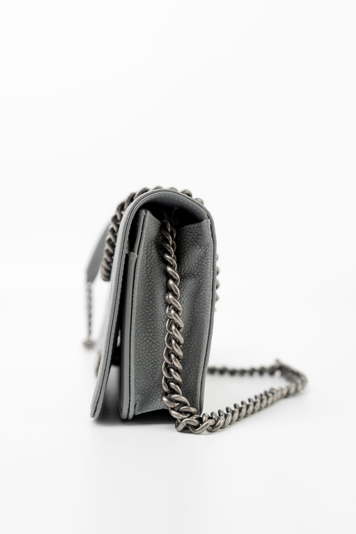 Chanel Grey Caviar Chevron Boy Wallet on Chain Ruthenium Hardware (WOC)