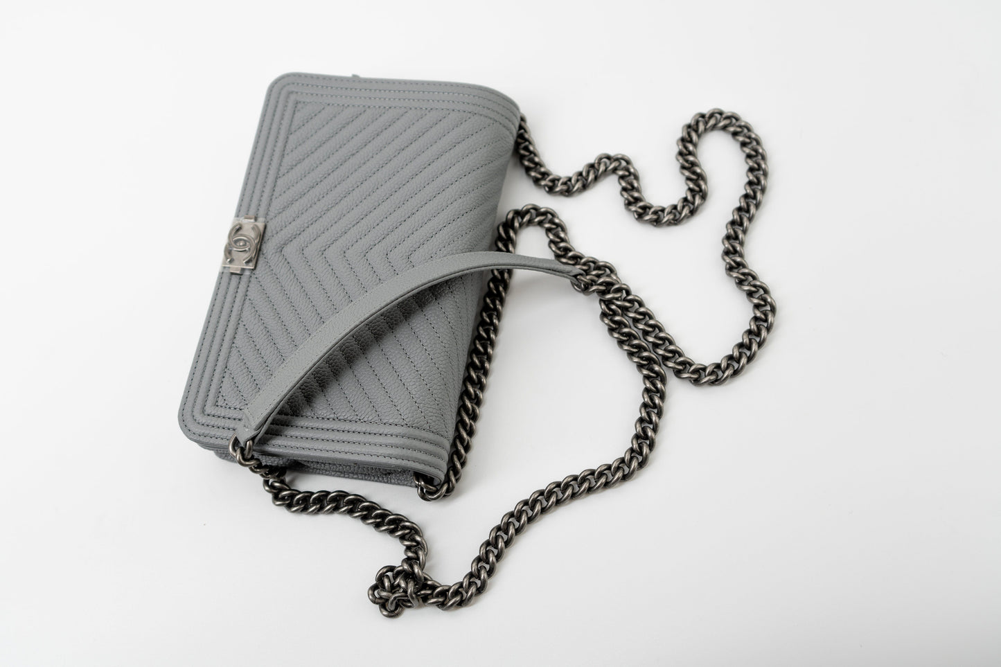Chanel Grey Caviar Chevron Boy Wallet on Chain Ruthenium Hardware (WOC)