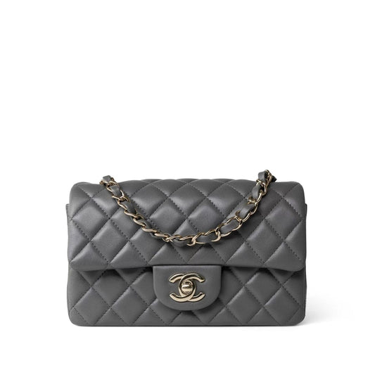 Dark Grey Lambskin Quilted Mini Rectangular Flap Light Gold Hardware