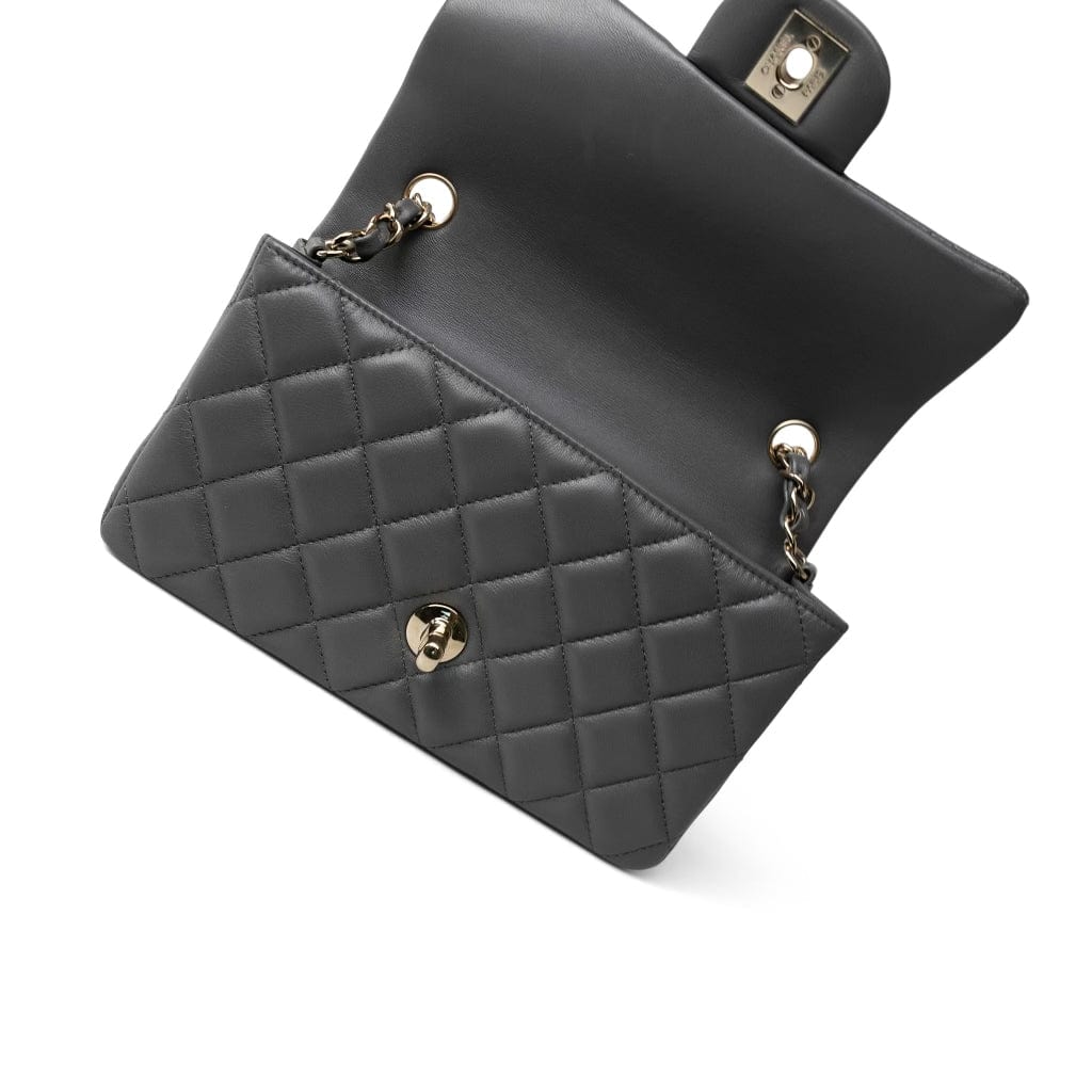 Dark Grey Lambskin Quilted Mini Rectangular Flap Light Gold Hardware