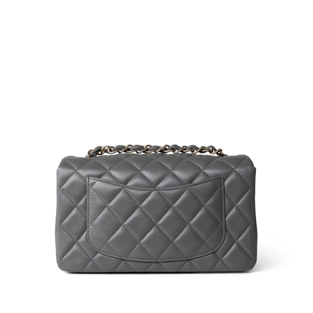 Dark Grey Lambskin Quilted Mini Rectangular Flap Light Gold Hardware