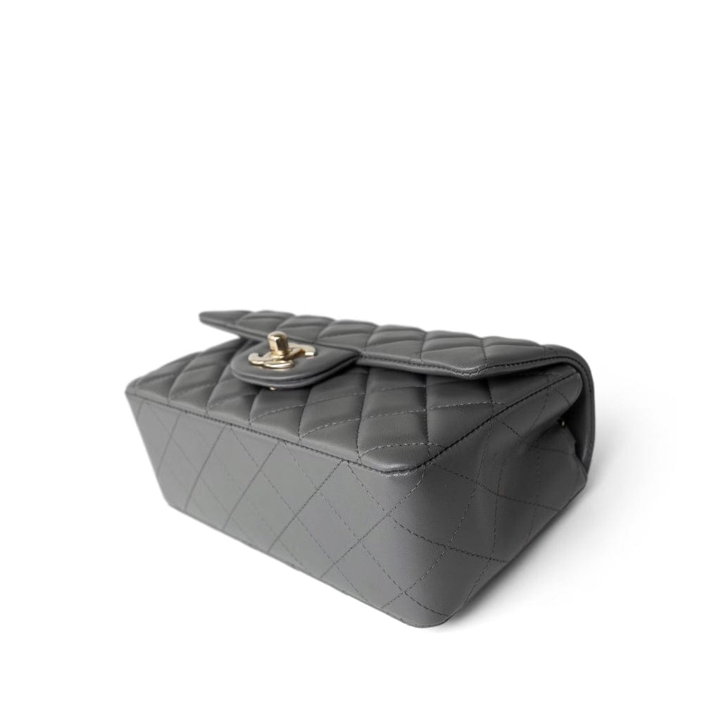 Dark Grey Lambskin Quilted Mini Rectangular Flap Light Gold Hardware
