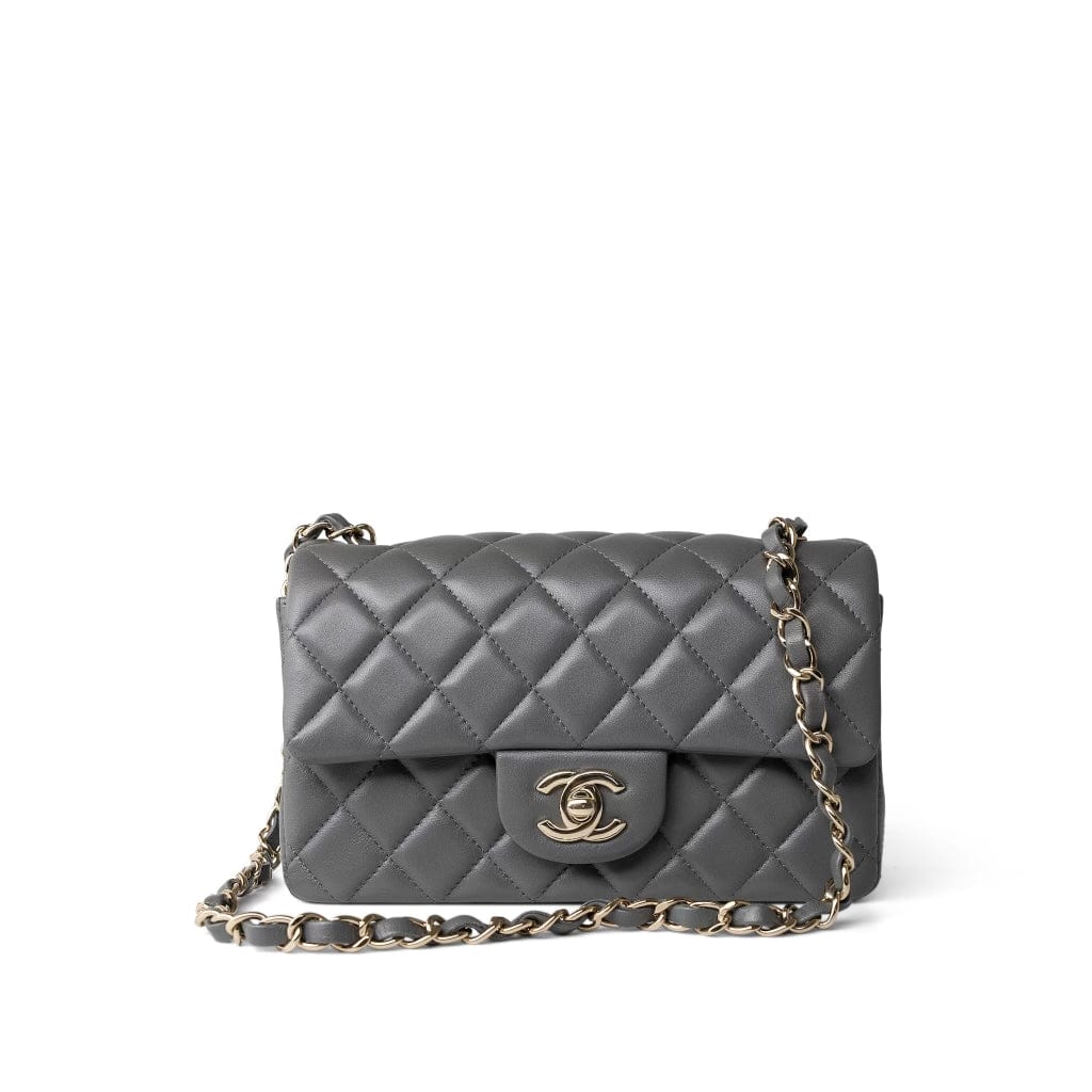 Dark Grey Lambskin Quilted Mini Rectangular Flap Light Gold Hardware