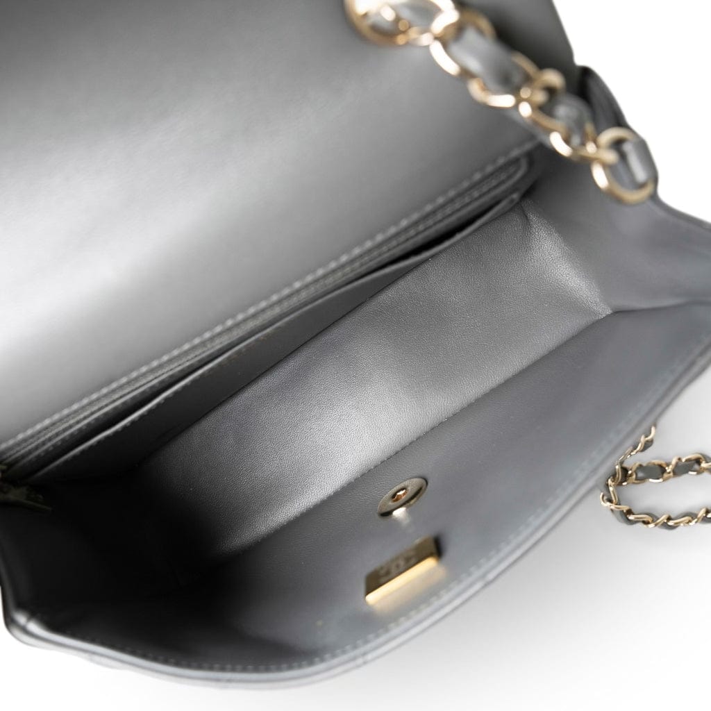 Dark Grey Lambskin Quilted Mini Rectangular Flap Light Gold Hardware