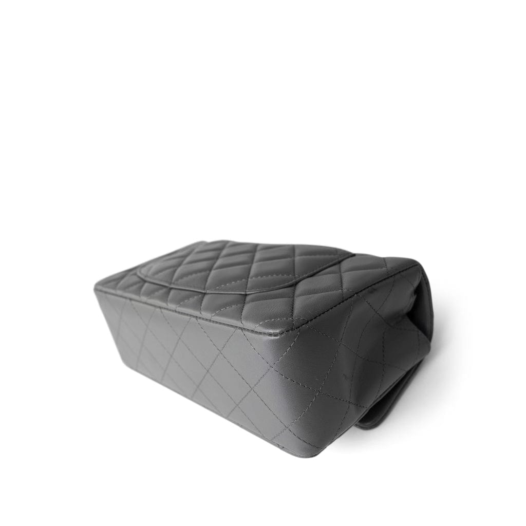 Dark Grey Lambskin Quilted Mini Rectangular Flap Light Gold Hardware