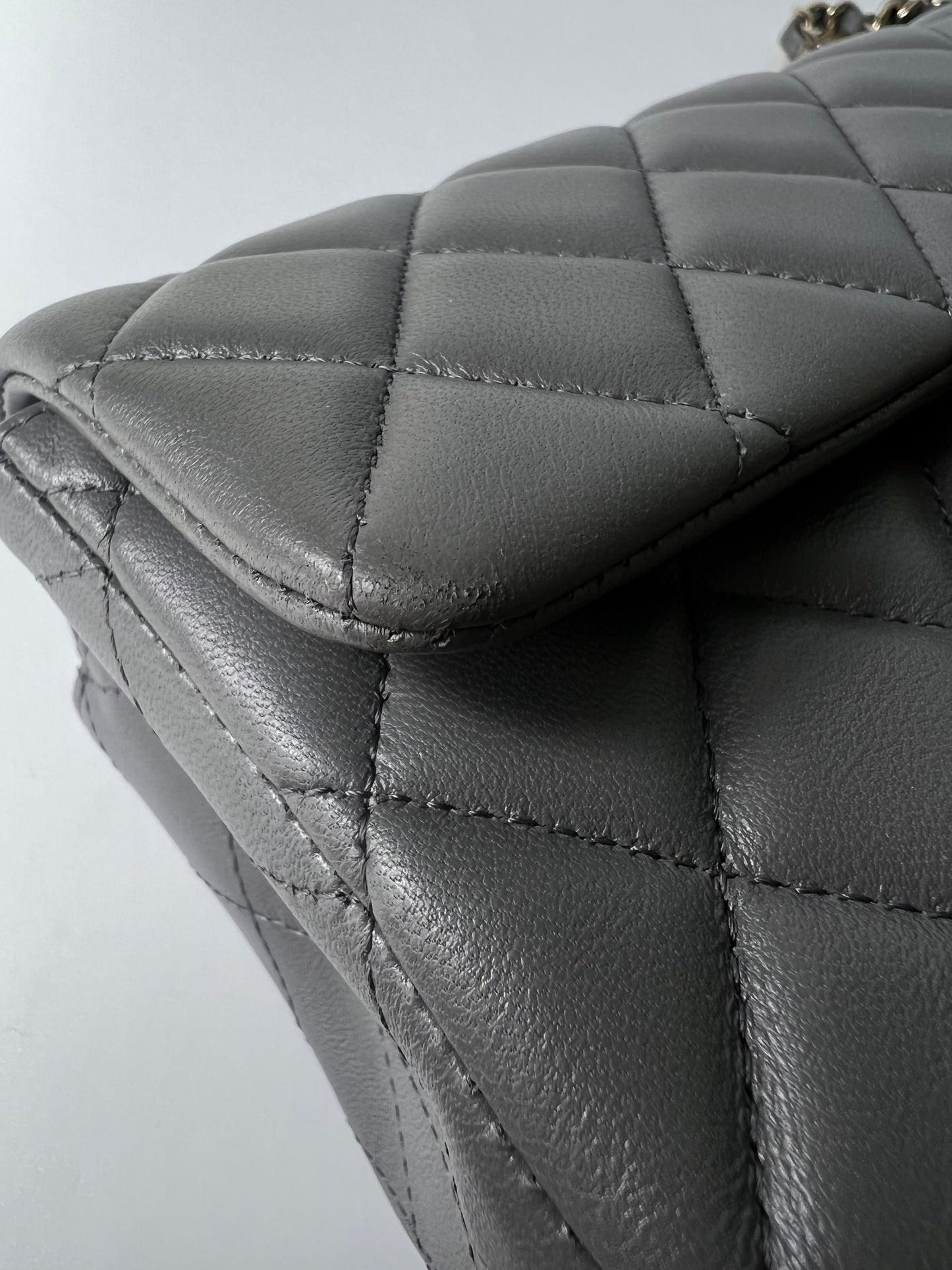 Dark Grey Lambskin Quilted Mini Rectangular Flap Light Gold Hardware
