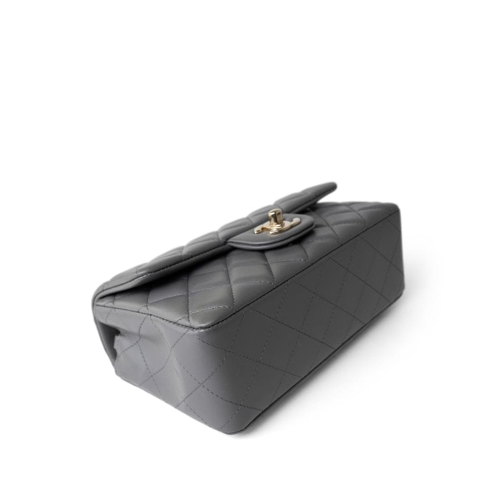Dark Grey Lambskin Quilted Mini Rectangular Flap Light Gold Hardware