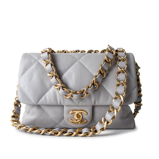 Grey Lambskin Quilted Chain Top Handle Flap