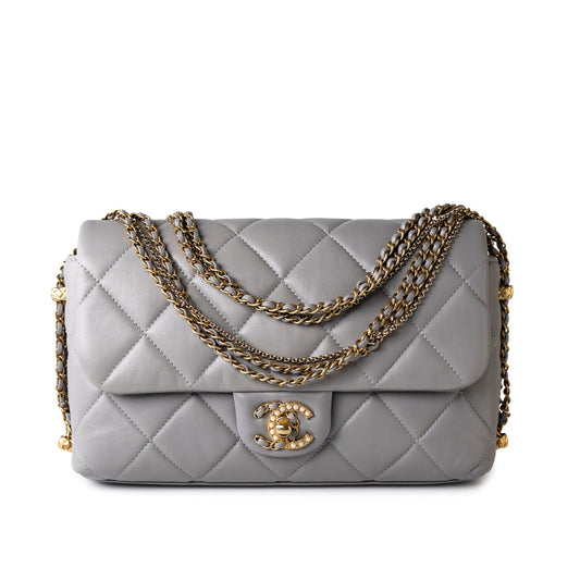 Grey Lambskin Quilted Crush on Chains Single Flap Bag Antique Gold Hardware