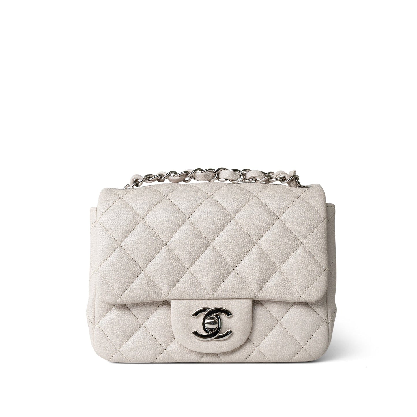 Light Grey Caviar Quilted Mini Square Flap Silver Hardware